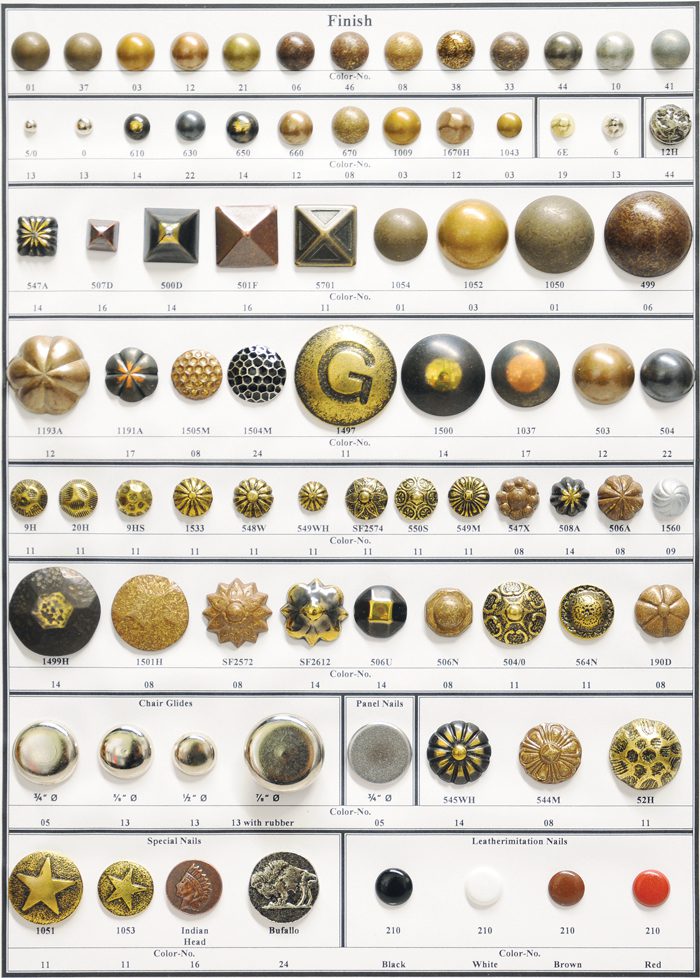 A collection of various military insignia and buttons organized in rows.